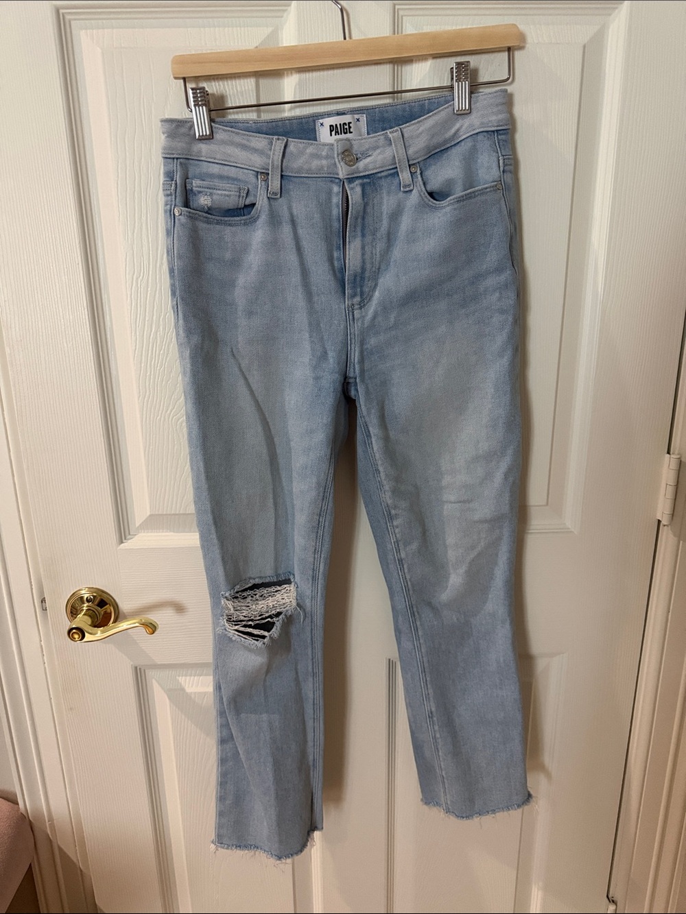 PAIGE Light Blue Distressed Ankle Crop Jeans raw hem size 27